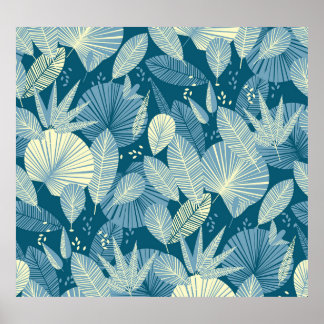 Elegant Foliage: Grey-Blue Tropical Pattern. Poster