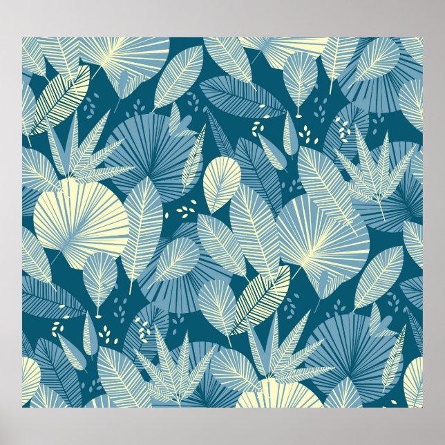 Elegant Foliage: Grey-Blue Tropical Pattern. Poster (Front)