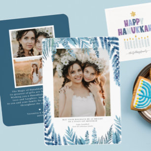 Elegant Foliage Hanukkah Photo Collage Card