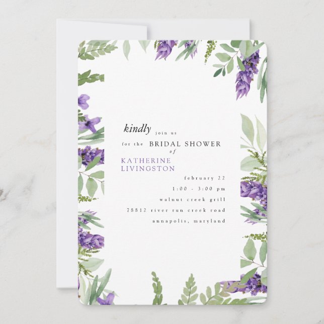 Elegant Foliage & Lavender Bridal Shower Rounded Invitation (Front)