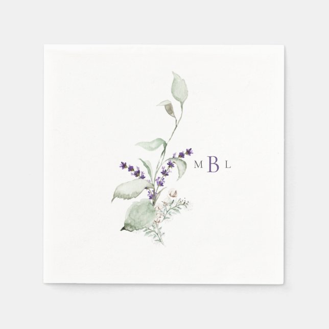 Elegant Foliage & Lavender Monogram II Wedding Napkin (Front)