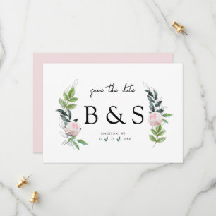 Elegant Foliage Pink Floral Monogram Save The Date