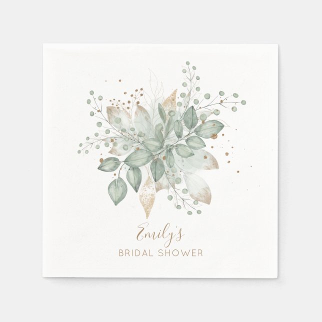 Elegant Foliage Sage Gold Wedding Name Napkins (Front)