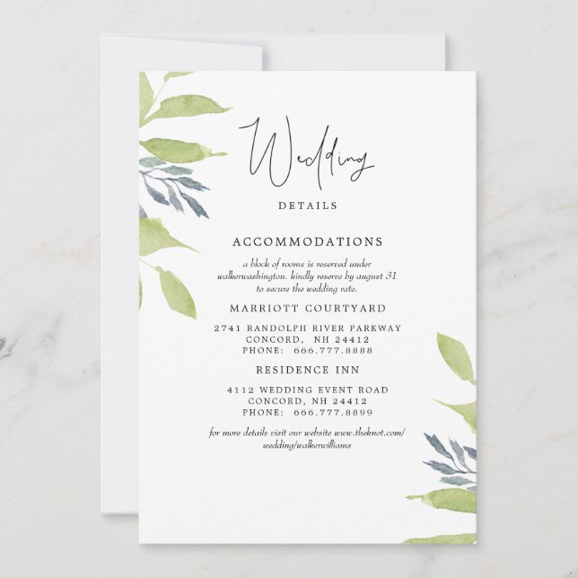 Elegant Foliage Simple Wedding 2 Hotels Details  Invitation (Front)