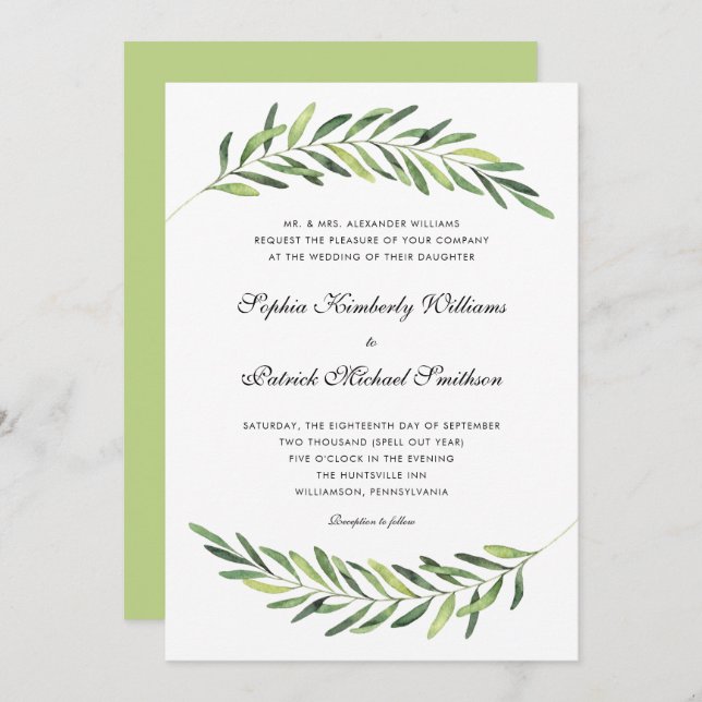 Elegant foliage + traditional wording wedding invitation (Front/Back)