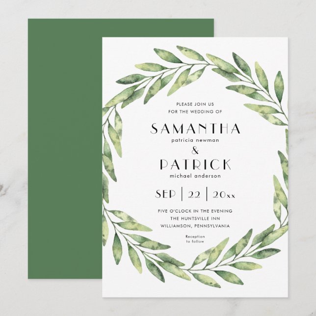 Elegant foliage wreath | modern text wedding invitation (Front/Back)