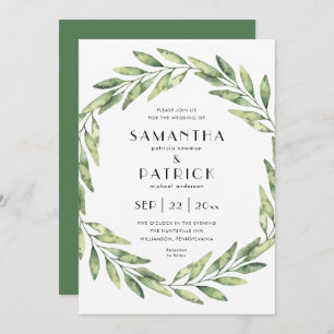 Elegant foliage wreath   modern text wedding invitation