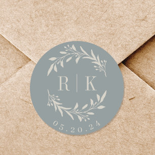 Elegant Foliage Wreath Wedding Monogram Classic Round Sticker