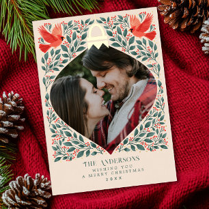 Elegant Folk Art Cardinal Christmas Foliage Photo  Foil Holiday Card