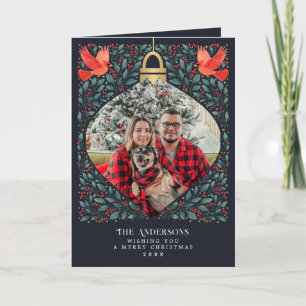 Elegant Folk Art Cardinal Christmas Foliage Photo Holiday Card