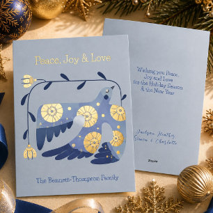 Elegant Folk Art Dove Peace Joy Love Gold Foil Holiday Card