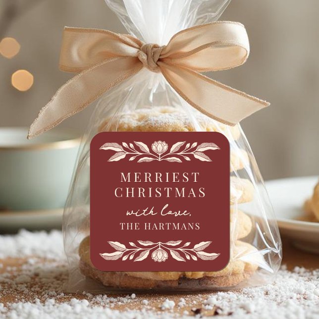 Elegant Folk Art Floral Christmas Personalised Square Sticker (Creator Uploaded)