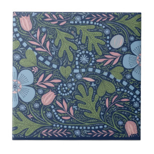 Elegant Folk Art Floral Pattern Vintage Botanical Tile