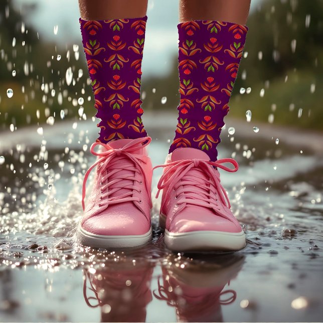   Elegant Folk Art Floral Rustic & Pretty Burgundy Socks (Creator Uploaded)