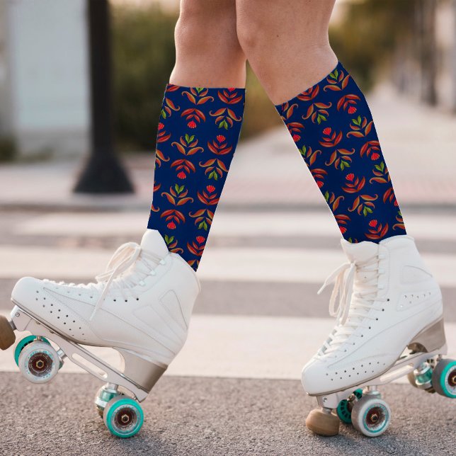  Elegant Folk Art Floral Rustic & Pretty Navy Blue Socks (Creator Uploaded)