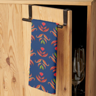  Elegant Folk Art Floral Rustic & Pretty Navy Blue Tea Towel