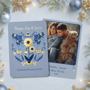 Elegant Folk Art Peace Photo Blue and Gold Foil Holiday Card