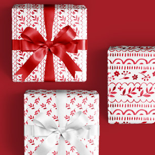 Elegant Folk Botanical Red Watercolor Holiday Wrapping Paper Sheet
