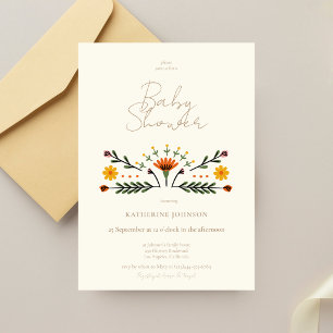 Elegant Folk Flowers Beige Neutral Baby Shower Invitation