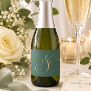 Elegant Forest Emerald Green Gold Monogram Wedding Sparkling Wine Label