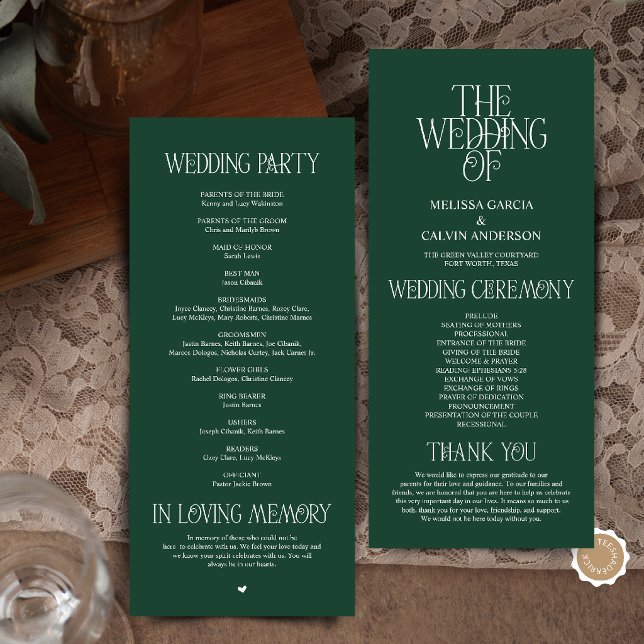 Elegant Forest Emerald Typography Wedding Program Programme (Elegant Forest Emerald Typography Modern Romantic Wedding Program Card)
