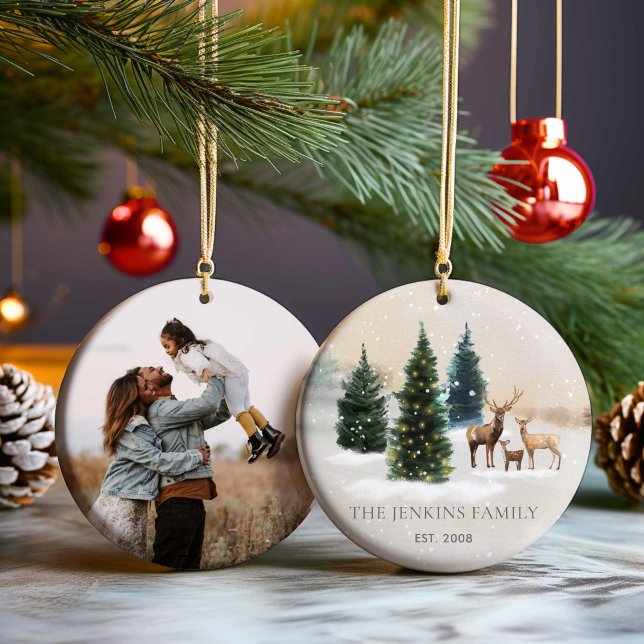 Elegant Forest Family Photo Christmas Ceramic Tree Decoration (Woodland Family Photo Christmas Ornament)