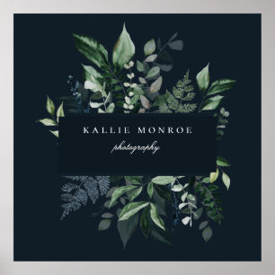 Elegant Forest Foliage Frame Dark Blue Business Poster