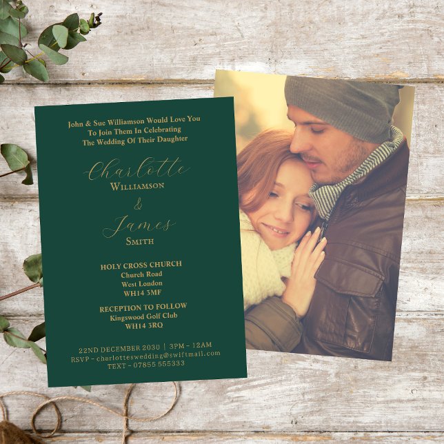 Elegant Forest Green And Gold Script Photo Wedding Invitation (Front And Back)