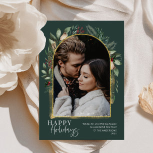 Elegant Forest Green Gold Arch Snow Overlay Photo Holiday Card