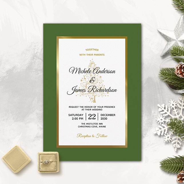 Elegant Forest Green Gold Christmas Tree Wedding Invitation (Creator Uploaded)