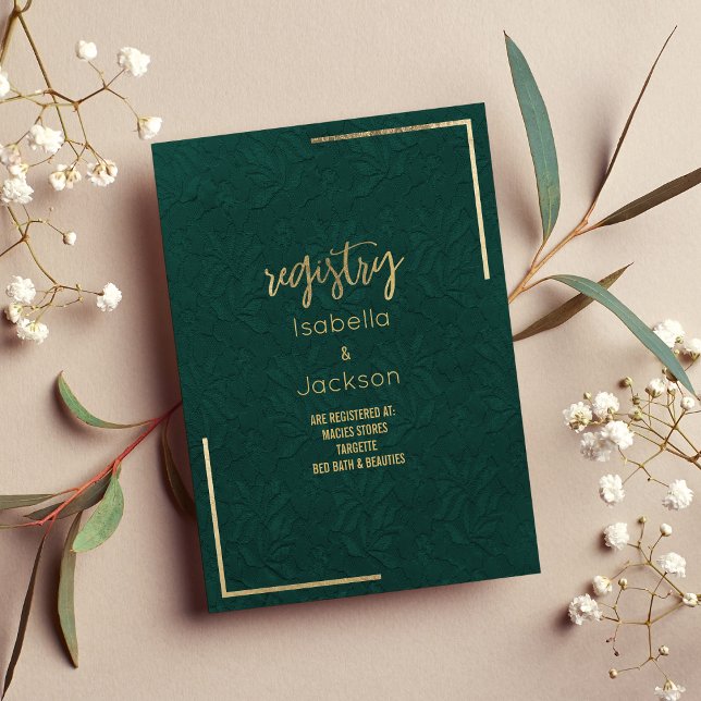 Elegant forest green gold floral lace Registry Enclosure Card (Elegant forest green gold floral lace Registry Enclosure)
