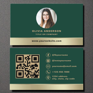 Elegant Forest Green Gold Logo QR Code Photo Business Card