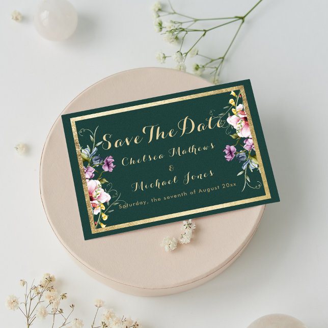 Elegant forest green gold pink flora Save The Date (Elegant forest green gold pink flora Save The Date)