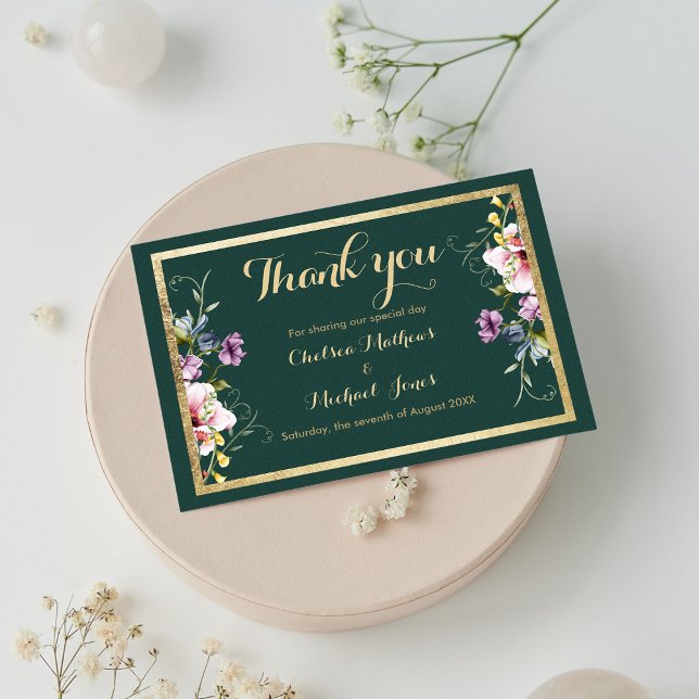Elegant forest green gold pink floral Thank You Card (Elegant forest green gold pink floral Thank You )