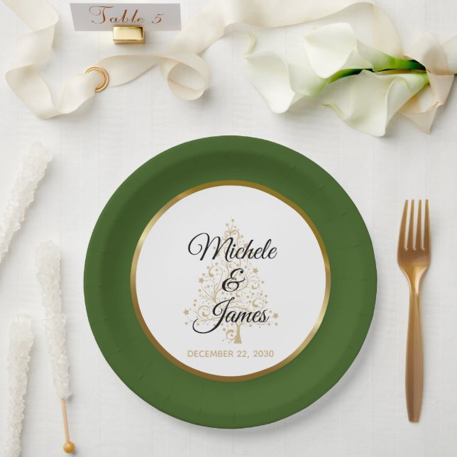 Elegant Forest Green Gold Winter Holiday Wedding Paper Plate (Wedding)
