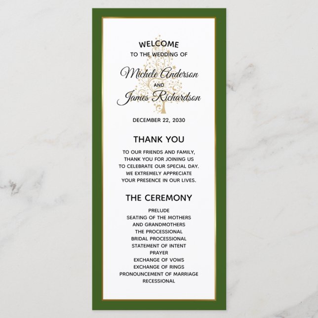 Elegant Forest Green Gold Winter Holiday Wedding Programme (Front)
