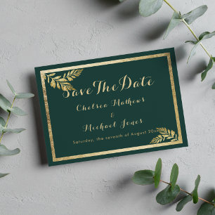 Elegant forest green golden leaf Save The Date