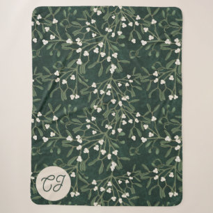 Elegant Forest Green Mistletoe Monogram Sherpa Blanket