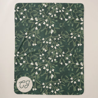 Elegant Forest Green Mistletoe Monogram Sherpa Blanket