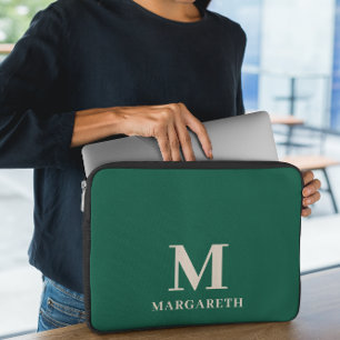 Elegant Forest Green Monogram Laptop Sleeve