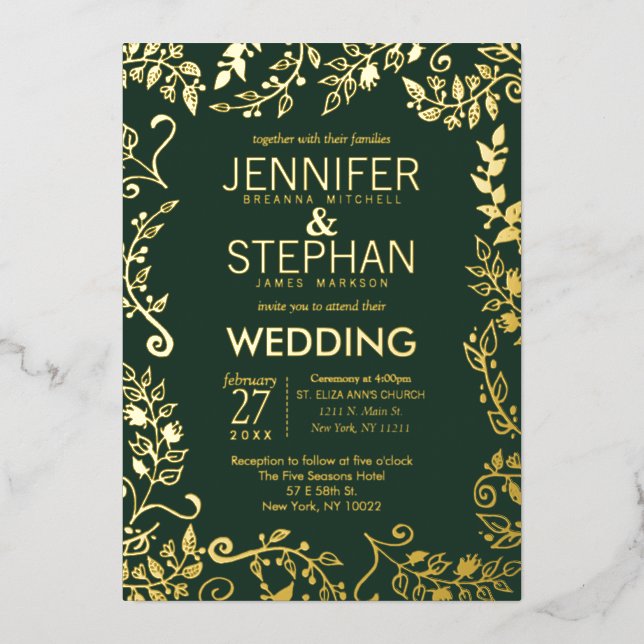 Elegant Forest Green Real Gold Floral Wedding (Front)