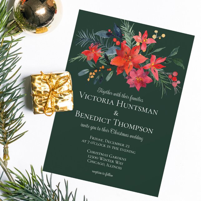Elegant Forest Green Red Floral Christmas Wedding Invitation (Creator Uploaded)
