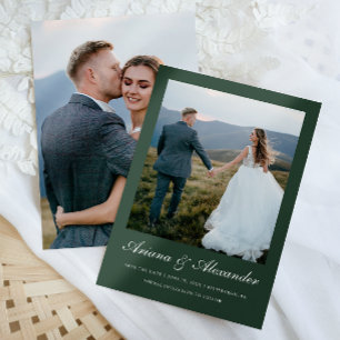 Elegant Forest Green Script Two Photo Wedding Save The Date
