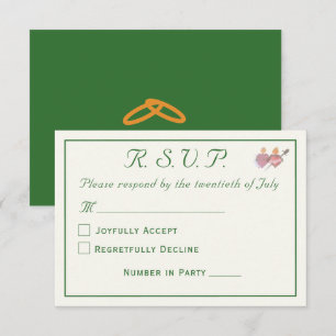 Elegant Forest Green Two Hearts Catholic Wedding  RSVP Card