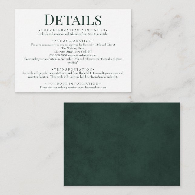 Elegant Forest Green Wedding Details Enclosure Card (Front/Back)