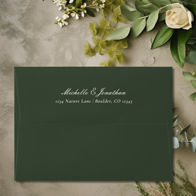 Elegant Forest Green Wedding Envelope (Back with Personalized Top Flap - Elegant Forest Green Wedding Envelope)