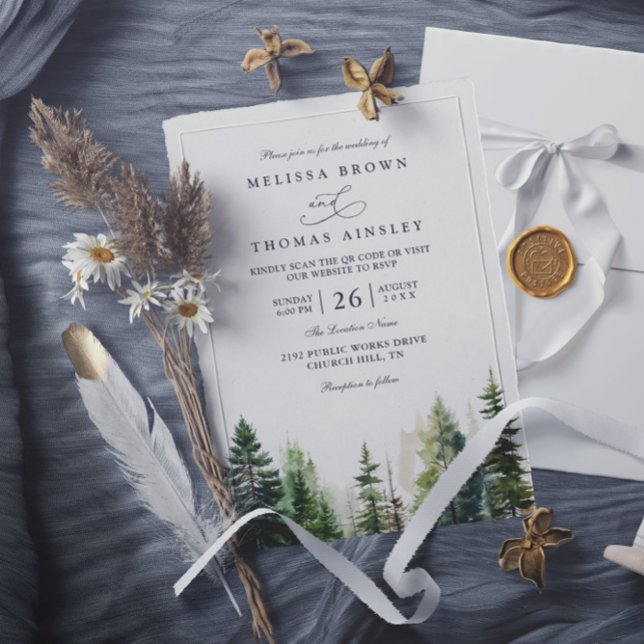 Elegant forest minimalist pine qr code wedding invitation (Creator Uploaded)