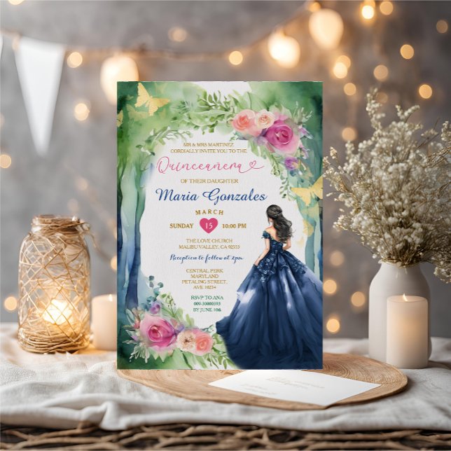 Elegant Forest Navy Blue Dress Floral Quinceañera Invitation (Creator Uploaded)