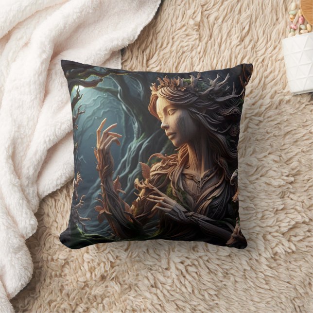 Elegant Forest Spirit Carved From Wood at Dusk Cushion (Blanket)