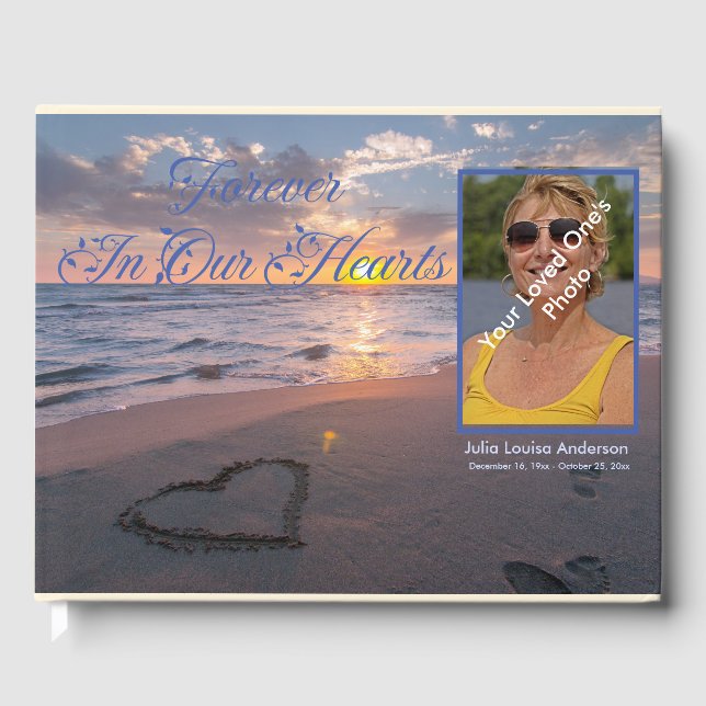 Elegant Forever In Our Hearts Beach Sunset Photo Guest Book (Front)